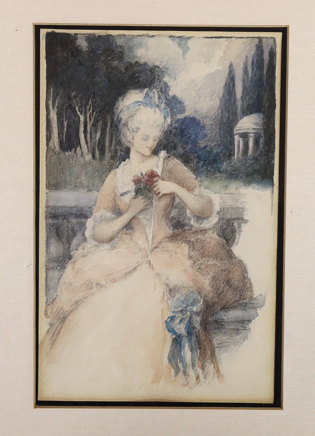 Cicely West (Exh.1925-29), pair of watercolours, Illustrations of ladies in parkland, one initialled, 20 x 13cm